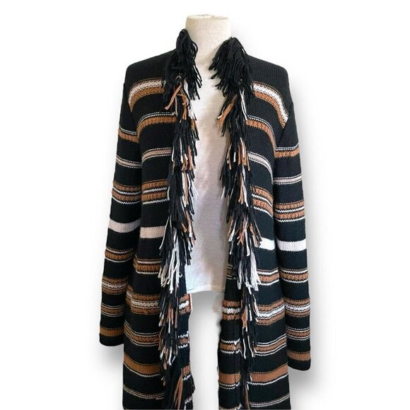 Johnny Was Ada Cardigan Sz M Black Brown Stripe Alpaca Wool Fringe Boho Sweater - Picture 5 of 11